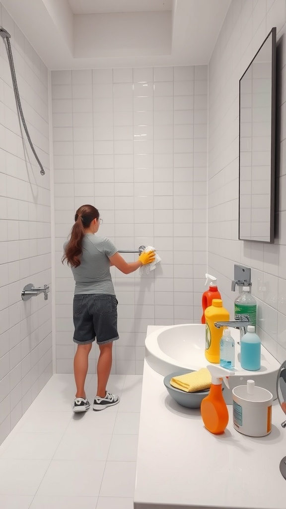 A person cleaning a bathroom with various cleaning supplies on the counter.