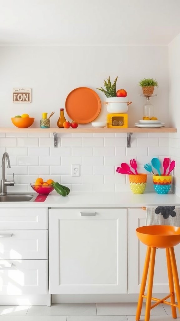 A modern white kitchen with colorful decor including orange plates, bowls, and utensils.