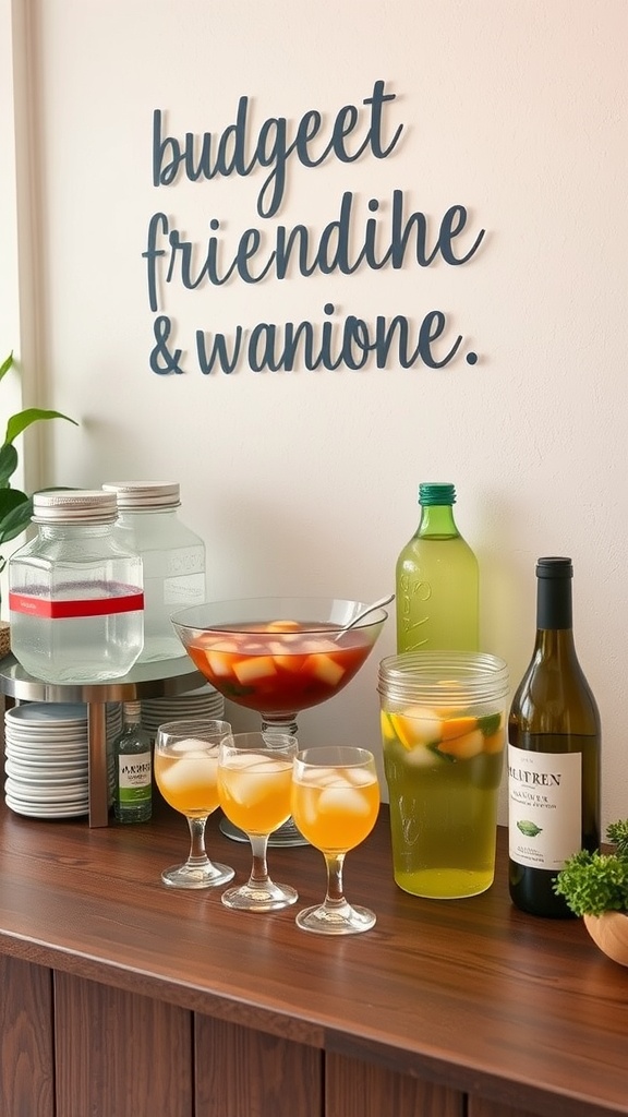 A display of budget-friendly beverages including punch, fruit-infused water, and wine on a wooden table.