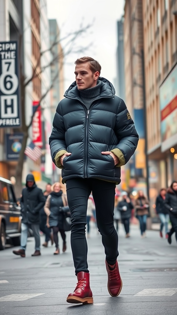 A stylish man in a puffer jacket walking through a city street.