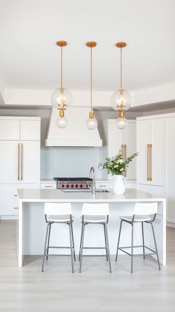 Modern white kitchen island with bar stools and elegant lighting