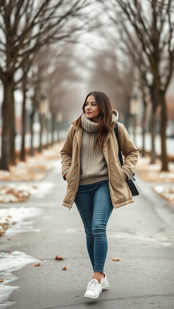 A woman walking in a winter outfit featuring denim jeans, a chunky sweater, and a warm coat.