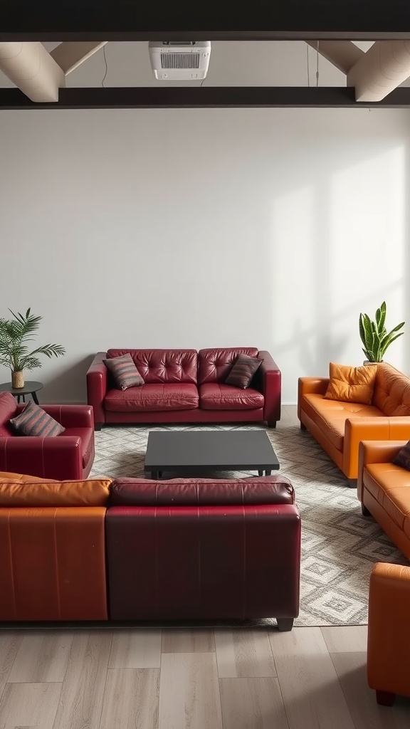 A living room featuring various leather sofas in red and orange shades, with a coffee table and plants, showcasing modern interior design.