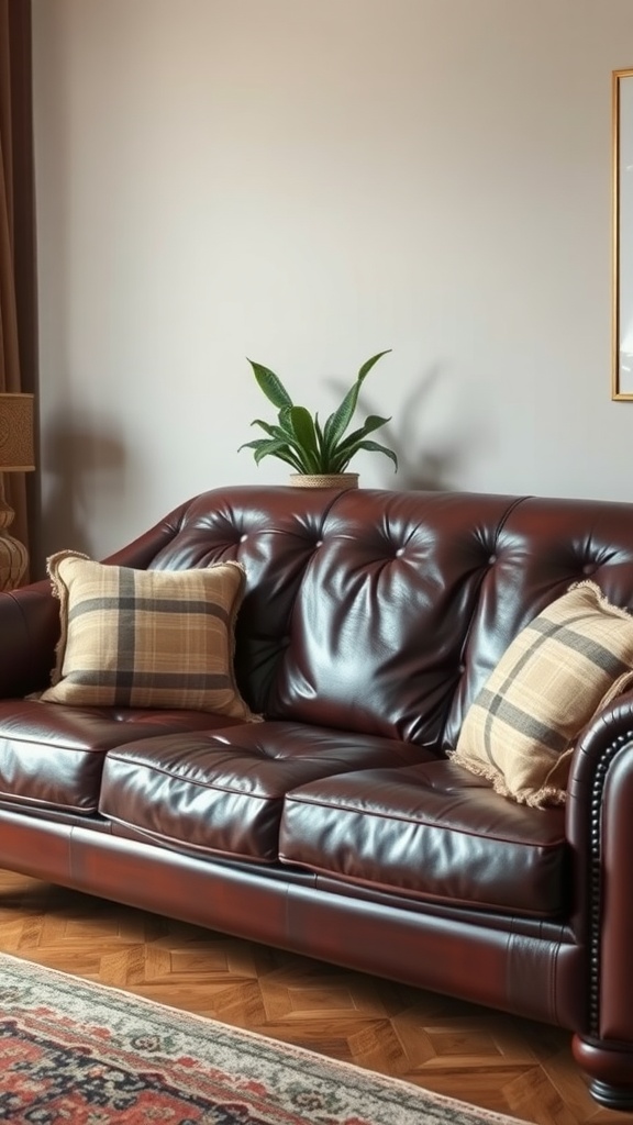 A cozy leather living room sofa with plaid pillows and a decorative plant in the background.