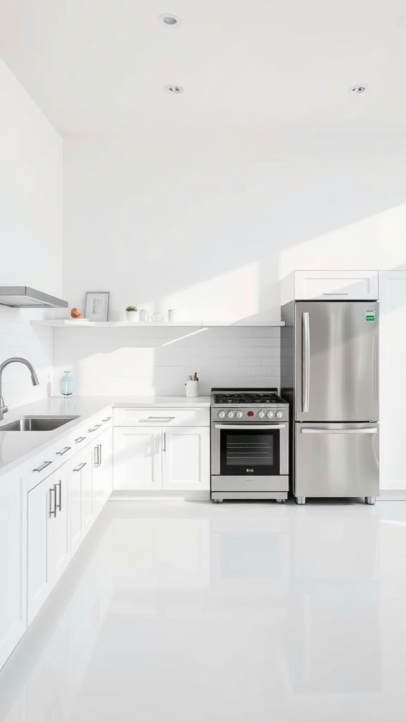 A modern white kitchen featuring stainless steel appliances.