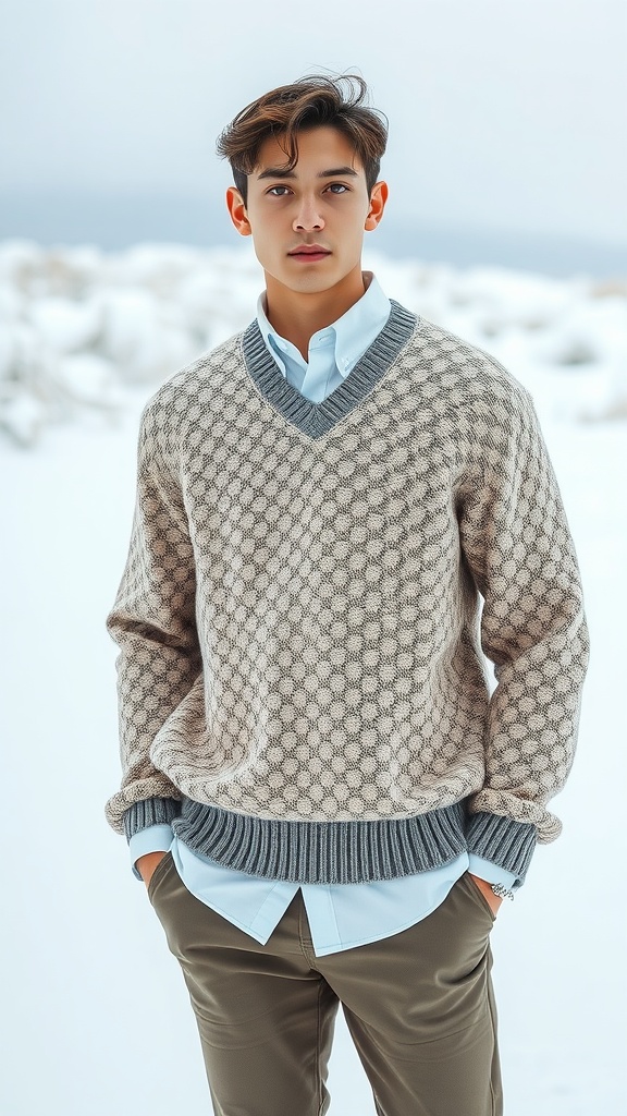 A young man wearing a cozy knit sweater layered over a button-up shirt, standing in a snowy landscape.