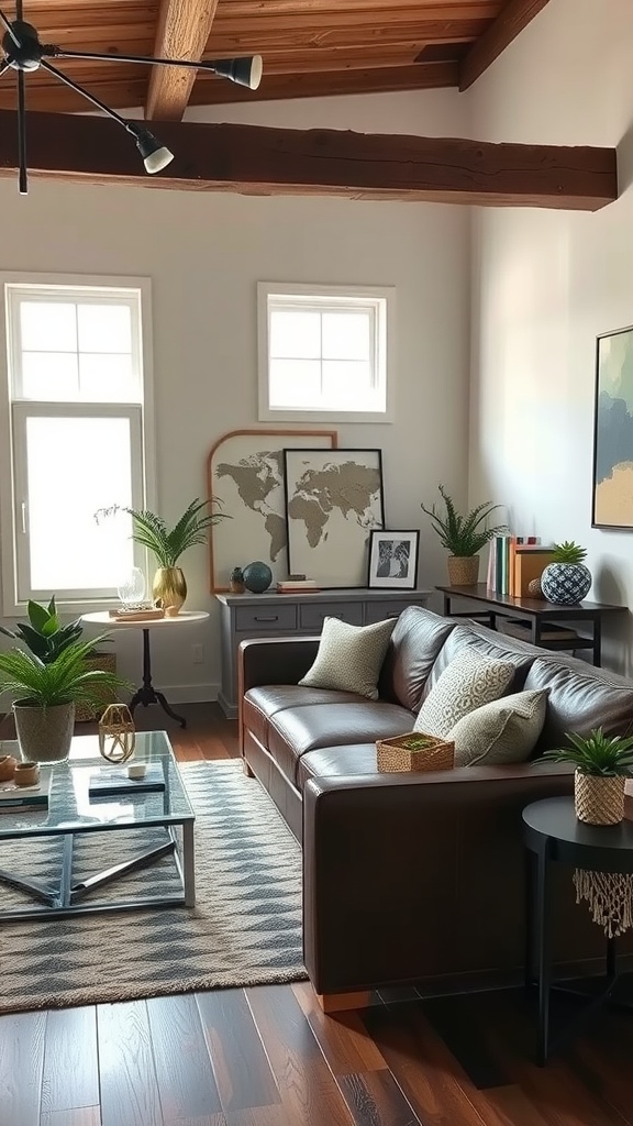 A cozy living room featuring a leather sofa, wooden beams, and a mix of decor styles.