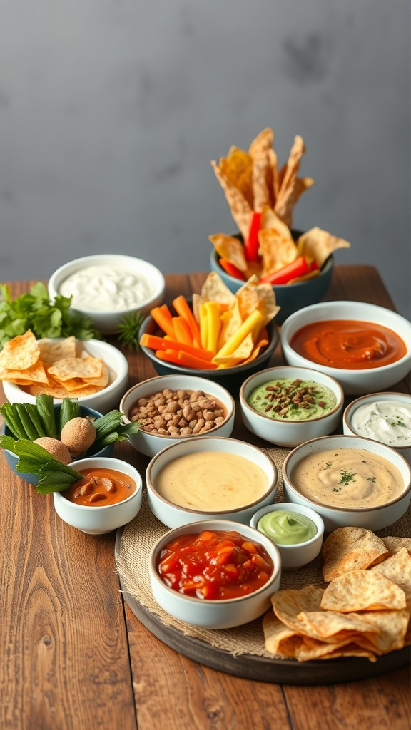 A variety of dips, veggies, and chips arranged for a DIY appetizer station.