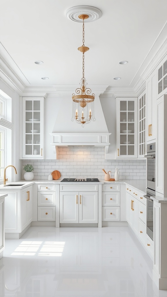 A modern white kitchen featuring elegant lighting fixtures and designs.