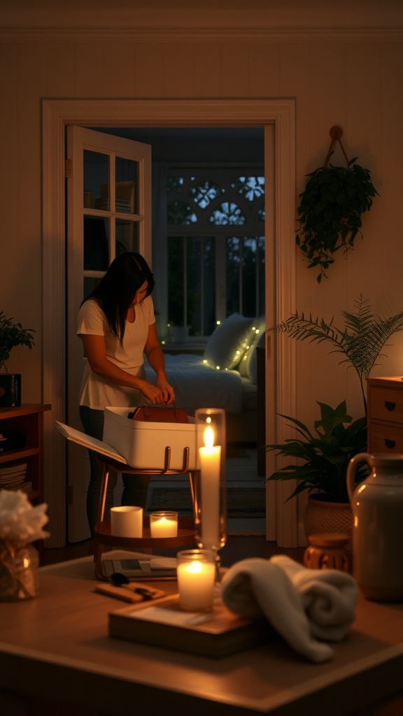 A cozy living room scene with soft lighting, books on a shelf, and a candle on a table.