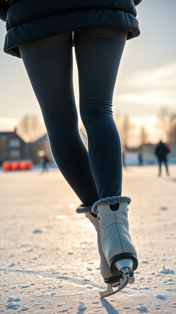 A person wearing fleece-lined leggings and skating boots on a snowy ice rink