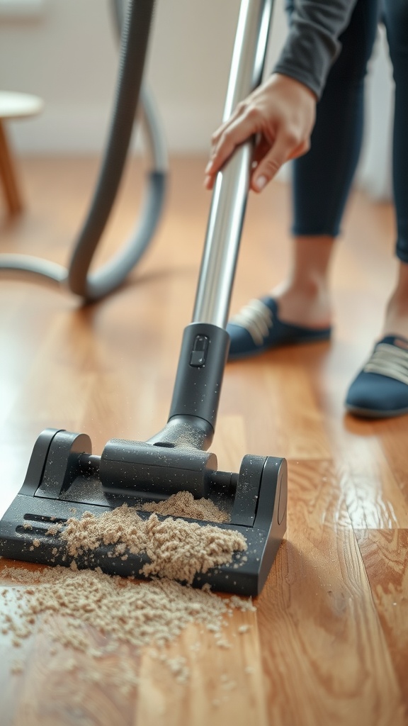 A person vacuuming the floor with dust on the wooden surface.