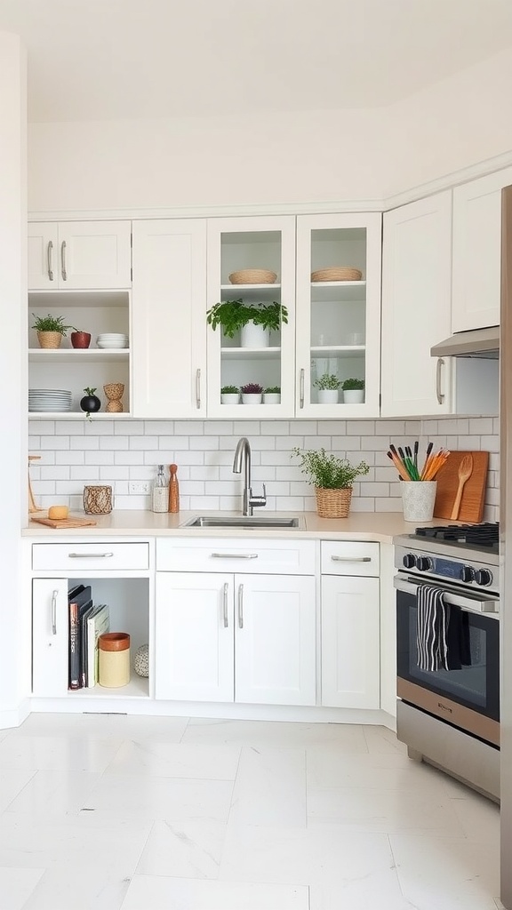 A modern white kitchen featuring open shelving, sleek cabinets, and smart storage solutions.