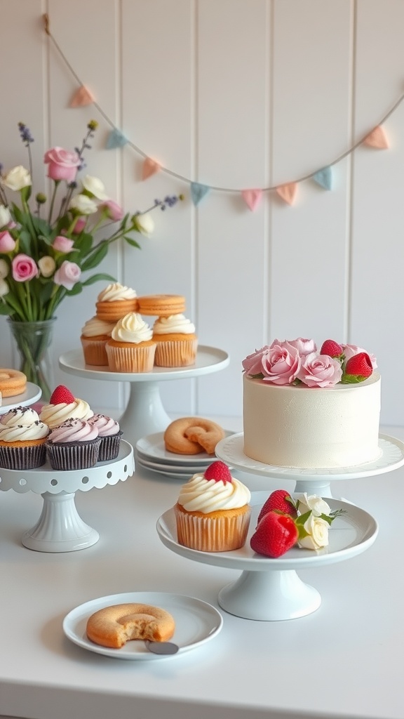 A homemade dessert bar featuring cupcakes, a cake, and flowers, perfect for a wedding.