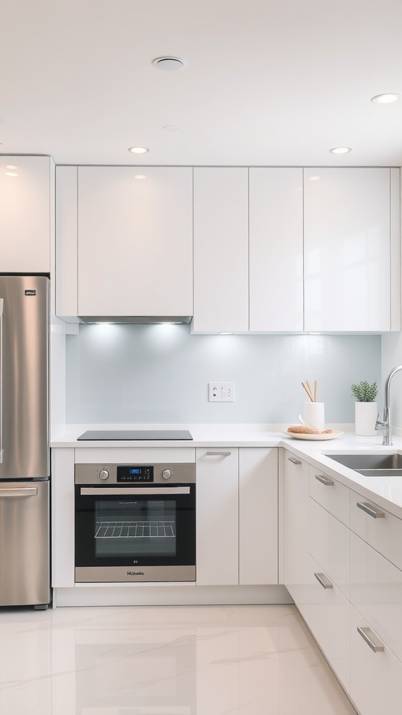 A sleek white kitchen featuring modern appliances and integrated smart home technology.