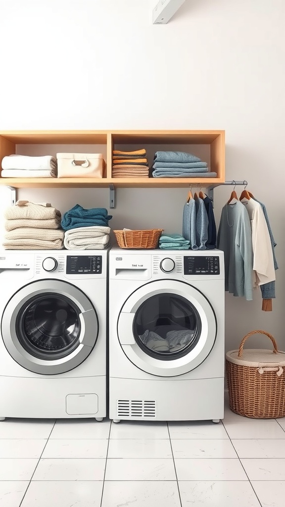 A clean and organized laundry room with neatly folded towels and clothes.