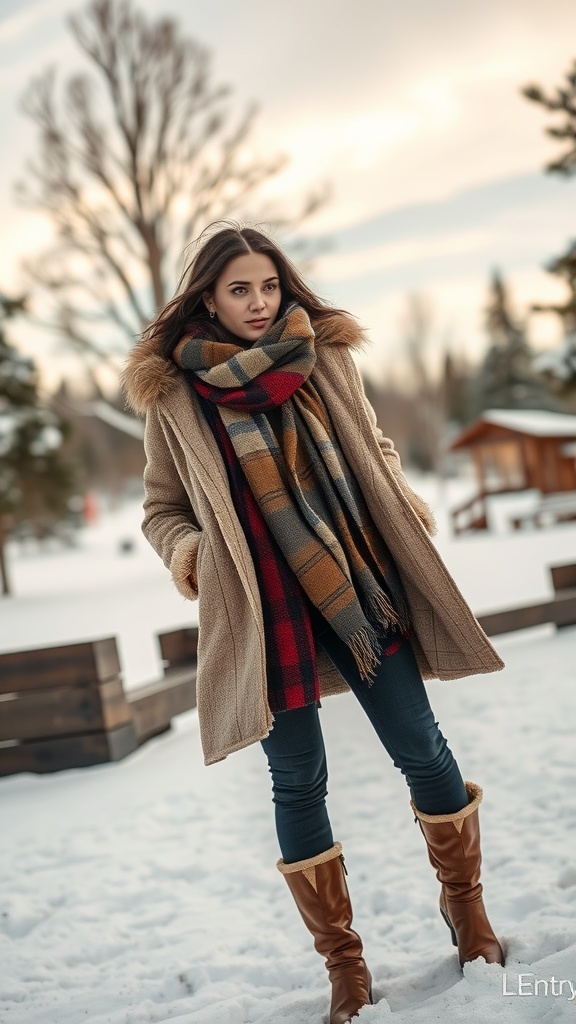 A woman in layered winter clothing, standing in a snowy landscape.