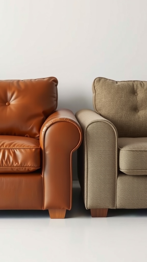 A side-by-side comparison of a brown leather sofa and a beige fabric sofa