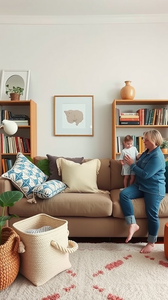 A cozy living room with a mother holding her child, colorful pillows, and bookshelves full of books.