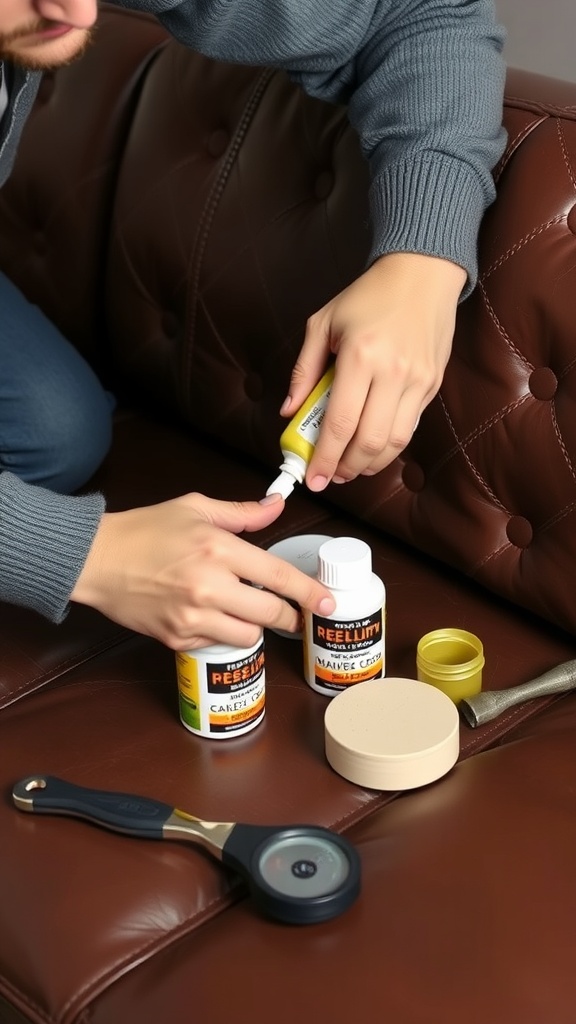 A person cleaning a leather sofa with cleaning products on a table