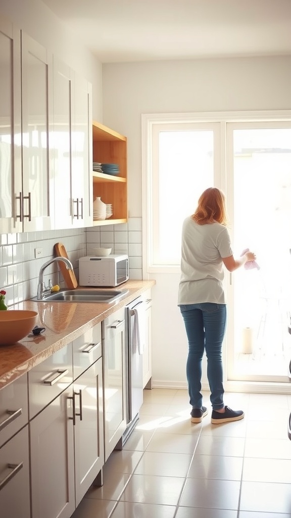 A person cleaning the kitchen in the morning, standing by a window with sunlight coming in.