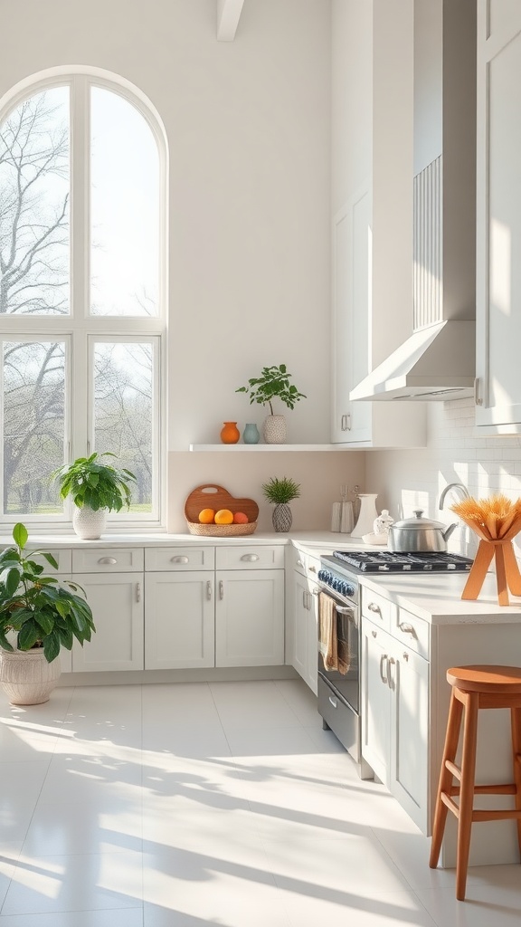 A bright white kitchen featuring large windows and natural light.