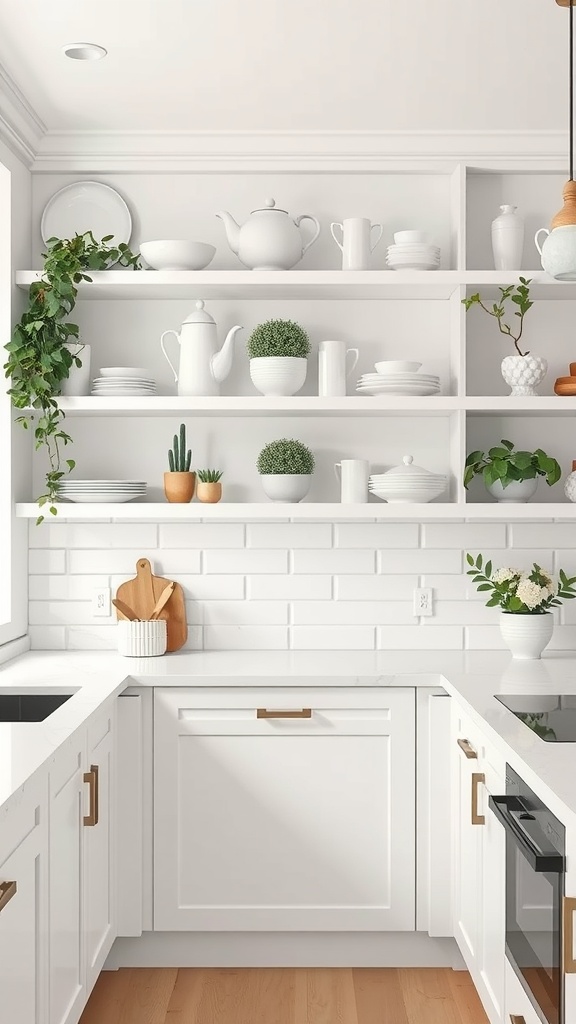 Open shelving with white dishware and greenery in a modern kitchen