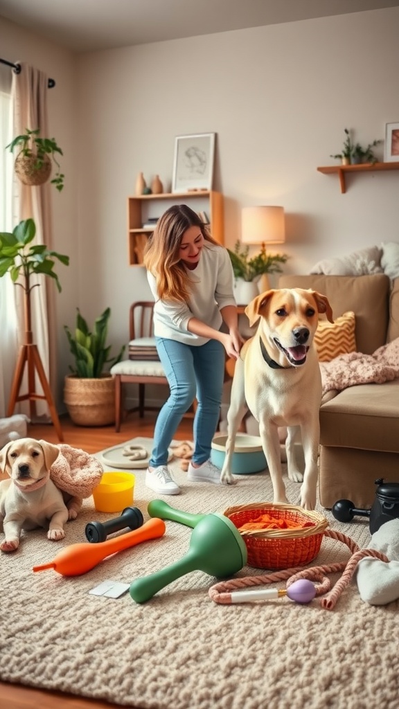 A woman playing with her two dogs in a cozy living room filled with pet toys.