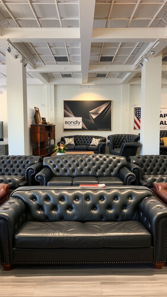 Showroom displaying various leather sofas in different styles and colors.