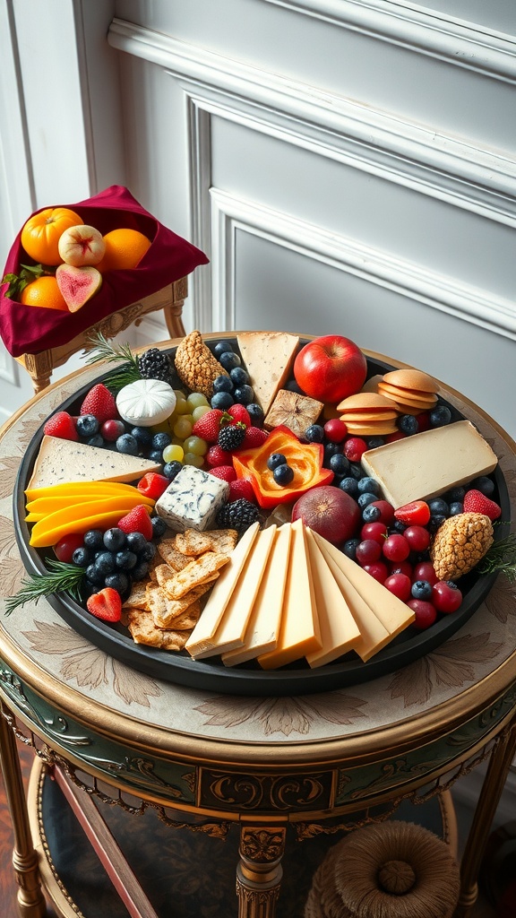 A beautifully arranged platter of seasonal fruits and cheeses on a decorative table.