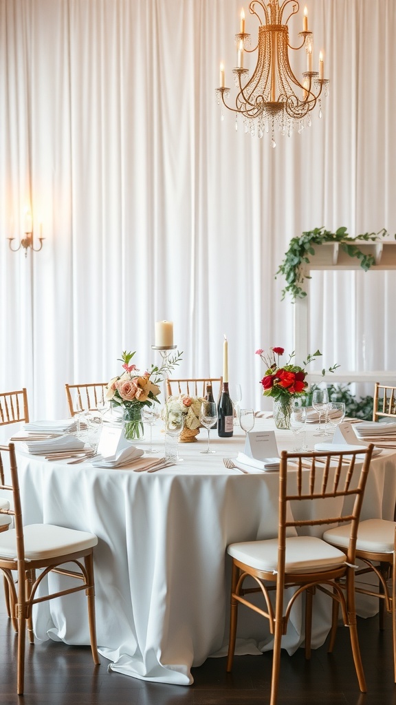 A beautifully set wedding table with white linens, flowers in jars, and candles.