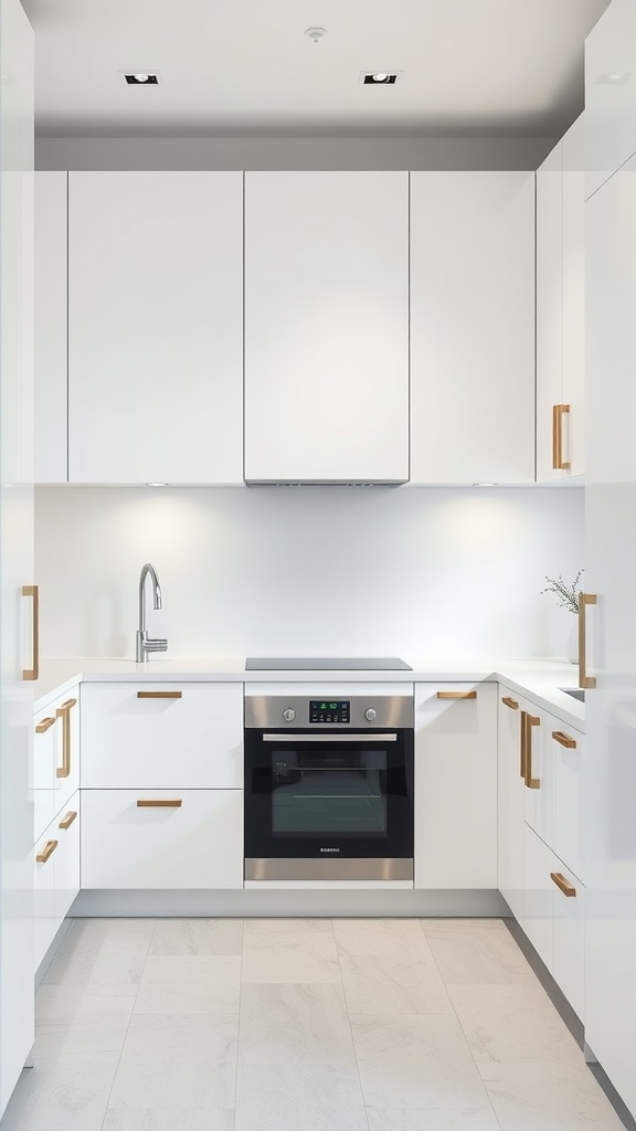 Modern white kitchen with sleek minimalist cabinetry and simple hardware.