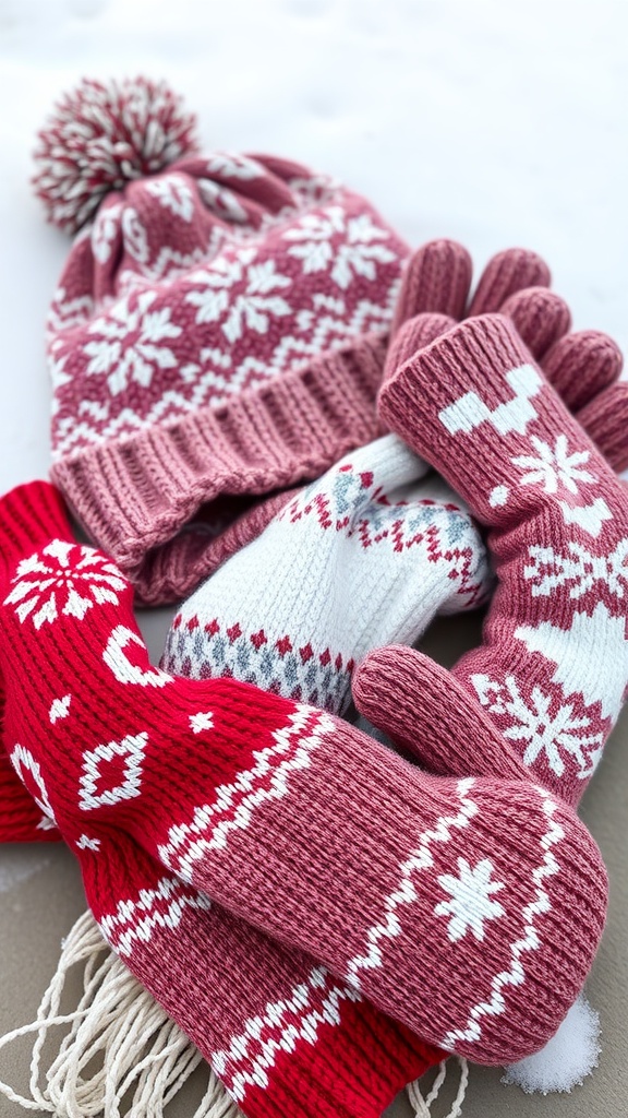 A cozy winter hat, gloves, and scarf in festive colors and patterns
