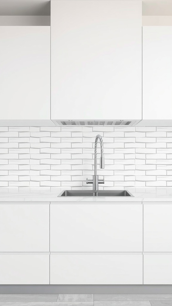 Modern white kitchen with textured tile backsplash