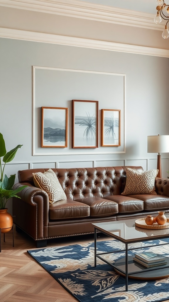 A classy leather living room sofa with tufted design and decorative pillows, surrounded by art and greenery.
