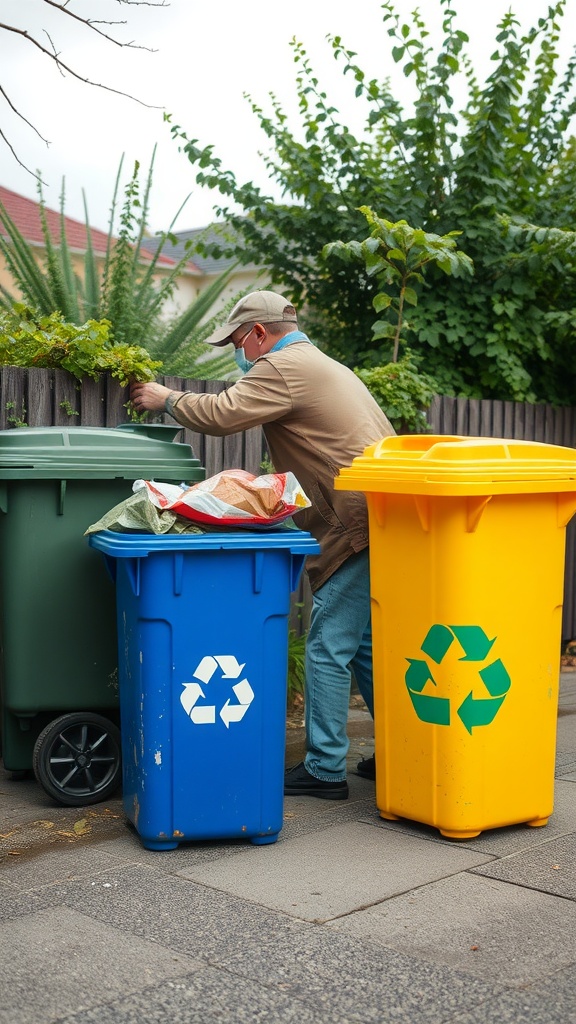 A person sorting trash and recyclables into colored bins