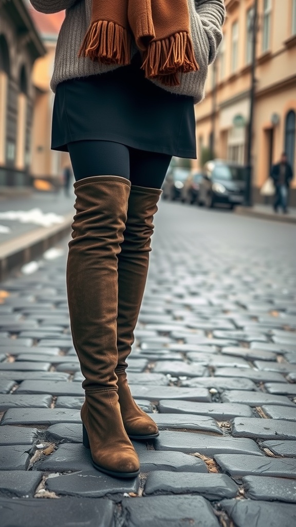 A fashionable woman wearing over-the-knee boots, leggings, and a cozy sweater while standing on a cobblestone street.