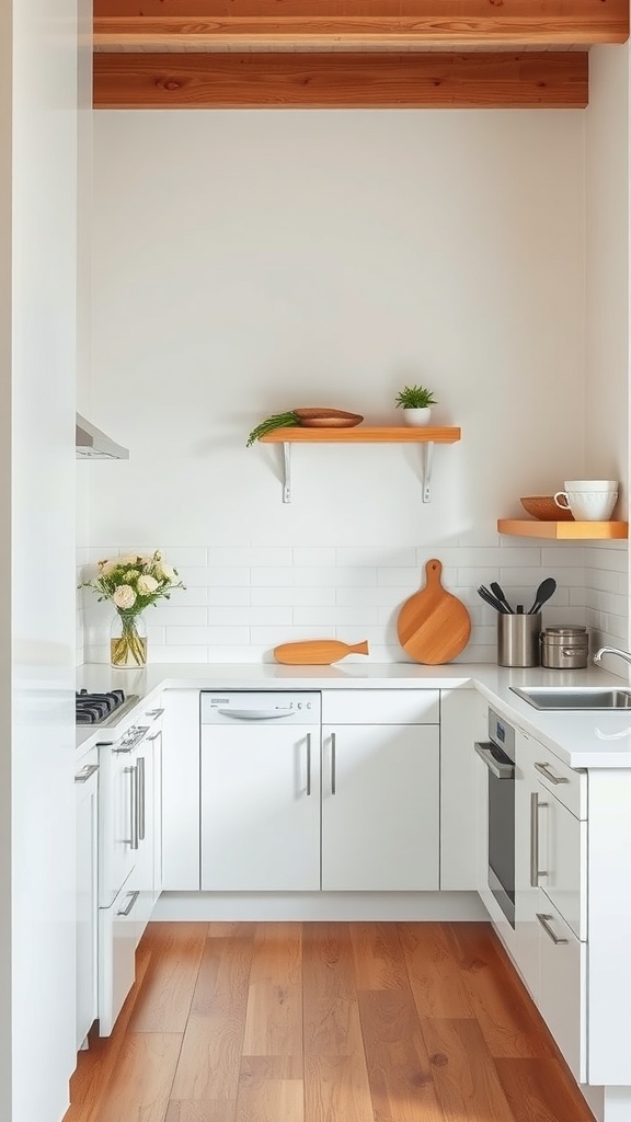 Modern white kitchen with warm wood elements and clean design.