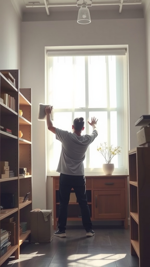 Person dusting a window in a bright room with wooden furniture