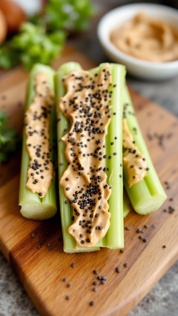 Almond butter spread on celery sticks topped with chia seeds