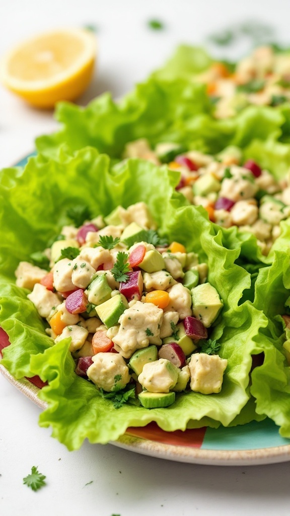 A plate of avocado chicken salad served in lettuce wraps, colorful ingredients visible.
