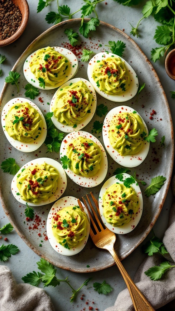 Avocado Deviled Eggs on a platter garnished with cilantro and paprika.