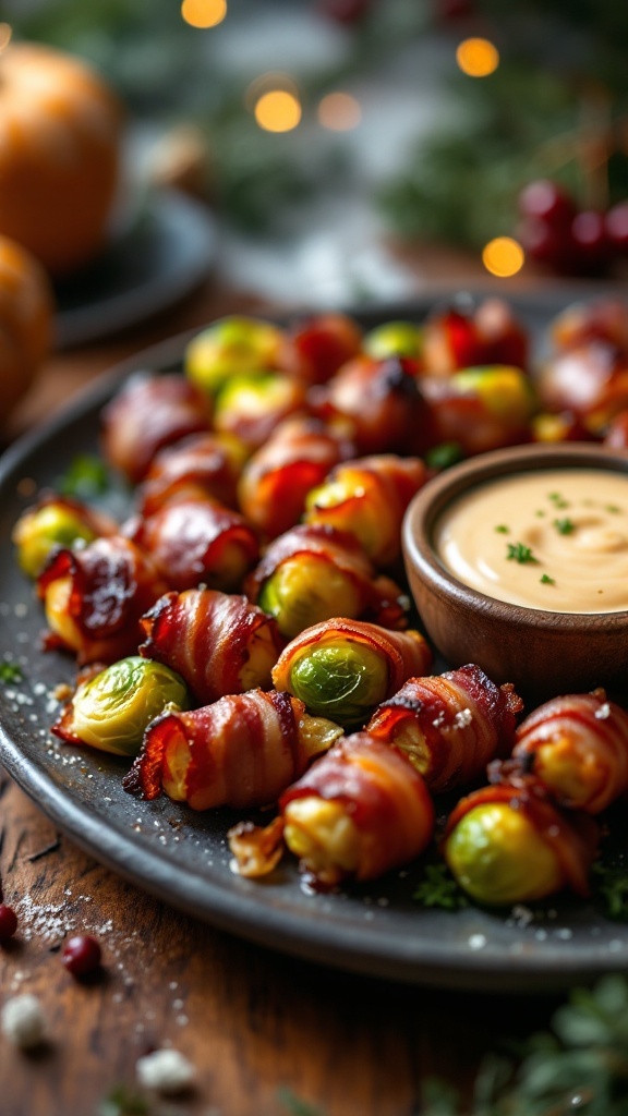 Bacon-wrapped Brussels sprouts on a plate with dipping sauce.