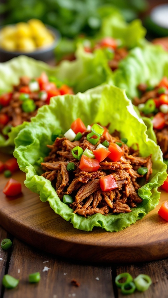 BBQ Pulled Pork Lettuce Wraps with fresh toppings