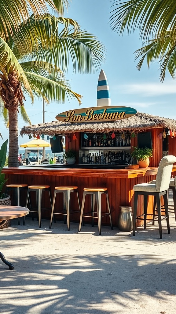 Beach-inspired outdoor bar with stools surrounded by palm trees.