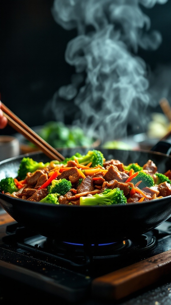 A delicious beef and broccoli stir-fry dish being prepared in a wok, showcasing vibrant colors and steam.