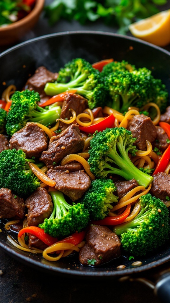 A colorful beef and broccoli stir-fry featuring tender beef, vibrant broccoli, and red bell peppers.