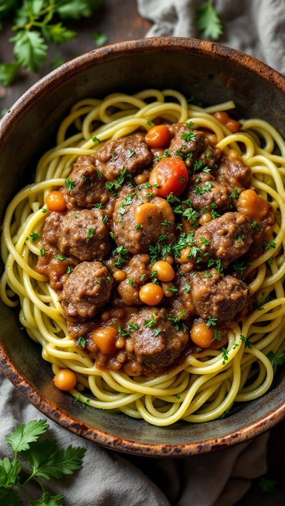 A bowl of beef stroganoff with zoodles topped with fresh parsley.
