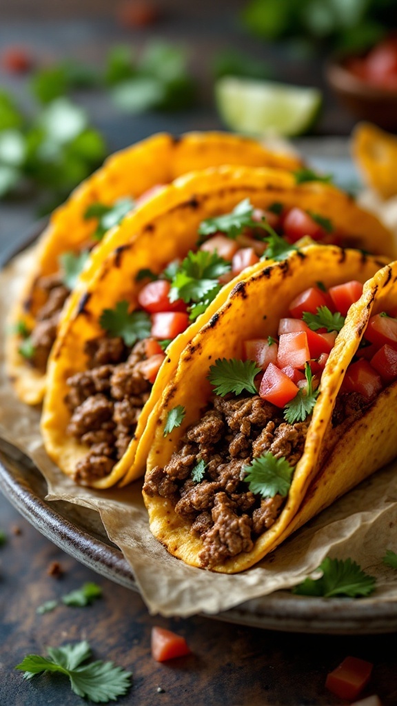 Plate of beef tacos with cheese shells topped with tomatoes and cilantro.
