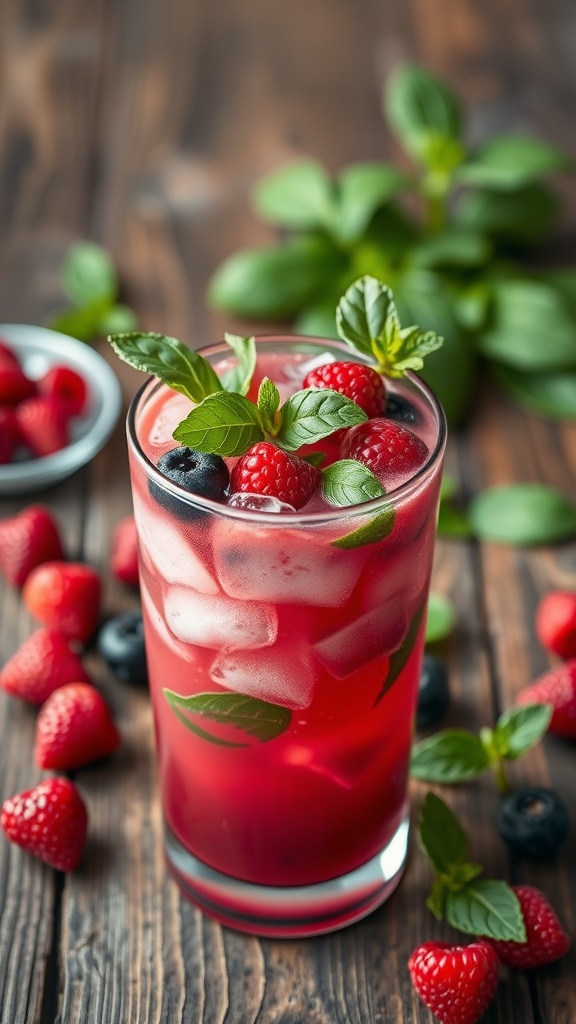 A refreshing Berry Basil Smash cocktail with fresh berries and basil leaves